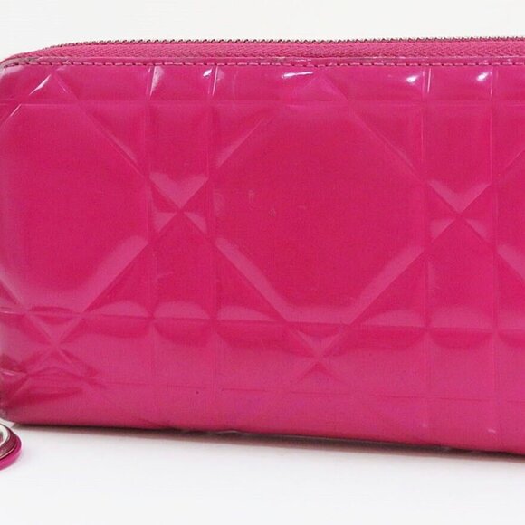 Auth CHRISTIAN DIOR Lady Dior Pink Patent Leather Zippered Long Wallet